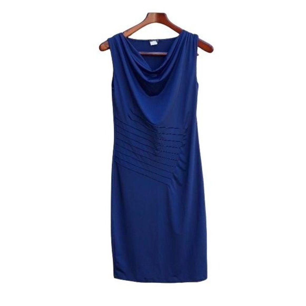 Venus Dress Sleeveless Draped Cowl Neck Diagonal‎ Side Ruched Bodycon Navy Sz S
